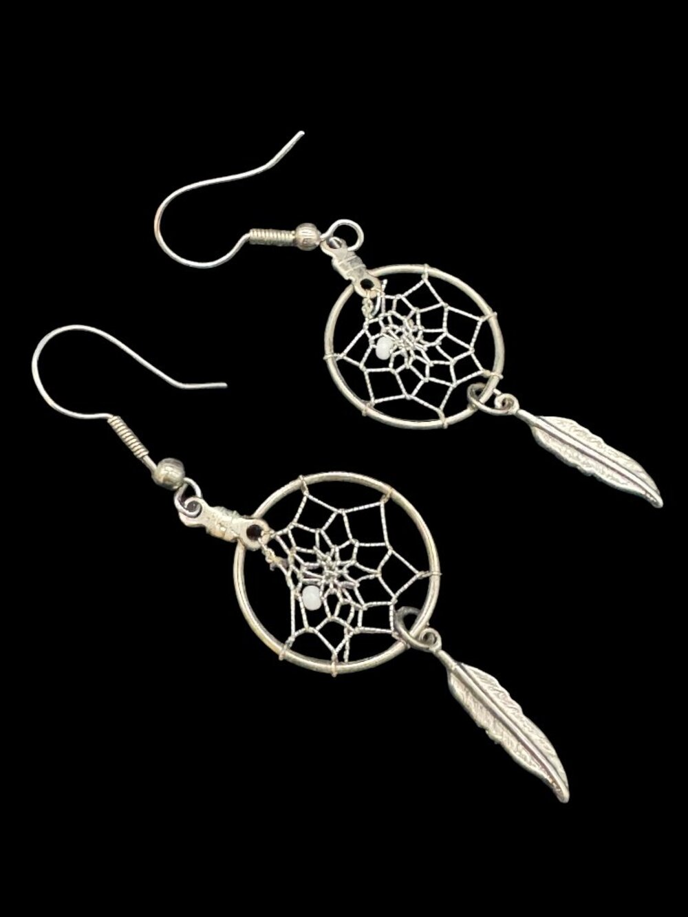 Silver Tone Pierced Earrings Dangling Dream Catchers
